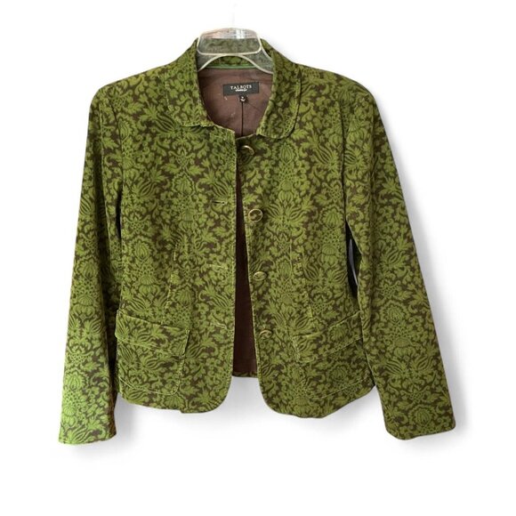 Talbots Green Brown Corduroy Paisley Damask Print Collared Button Blazer Jacket - Picture 2 of 5